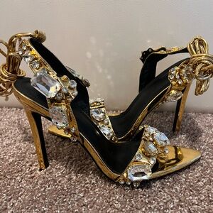 Gold Metallic Jeweled Lace-Up Heels
